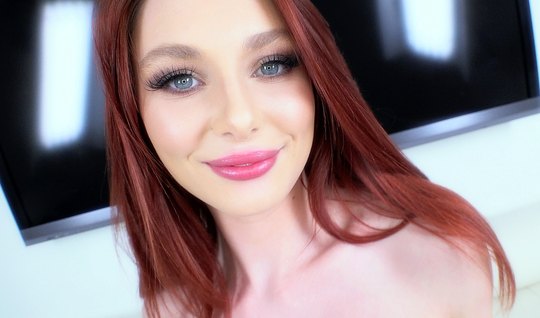 Redheaded coed takes a deep Blowjob guy in front of the camera phone