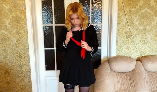 The young girl got down on her knees and opened her mouth began to do a classic blowjob